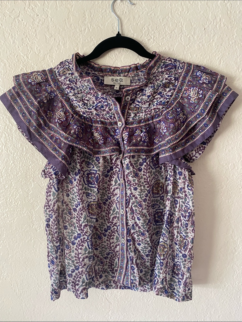 Sea New York 100% Cotton Rosita Border Print Flutter Sleeve Top Size M Purple - Picture 2 of 8